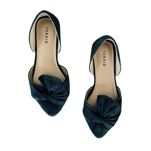 Torrid Flats Women's 7.5WW Extra Wide Twist Bow D'Orsay Green Blue Plaid - Picture 1 of 7